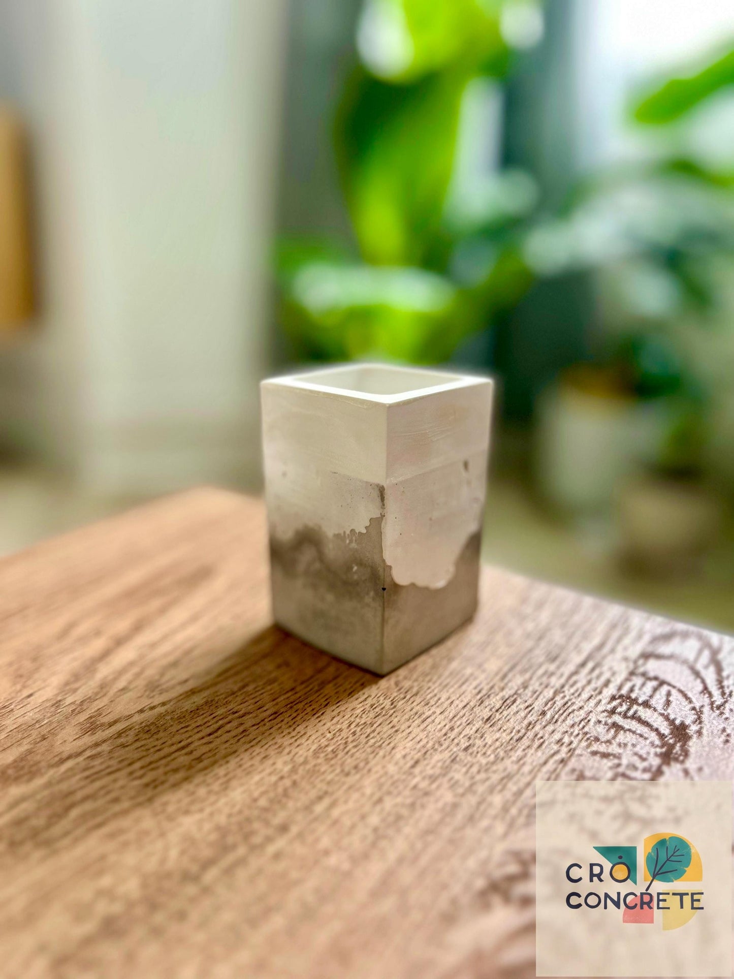 Handmade Concrete Planter / Pen Holder with Grey White Design - Unique Desk Accessory Pot – Unique Gift Idea