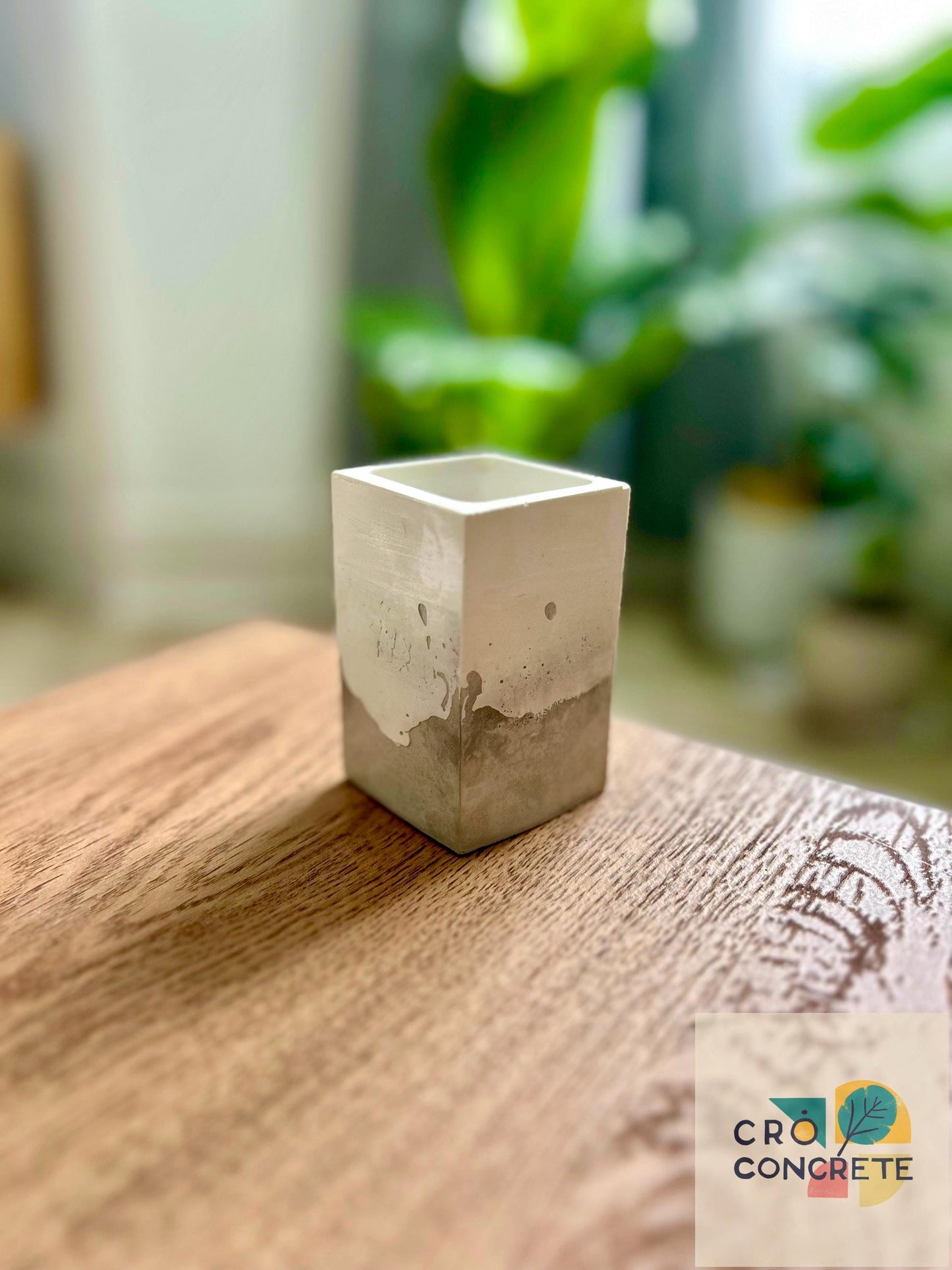 Handmade Concrete Planter / Pen Holder with Grey White Design - Unique Desk Accessory Pot – Unique Gift Idea