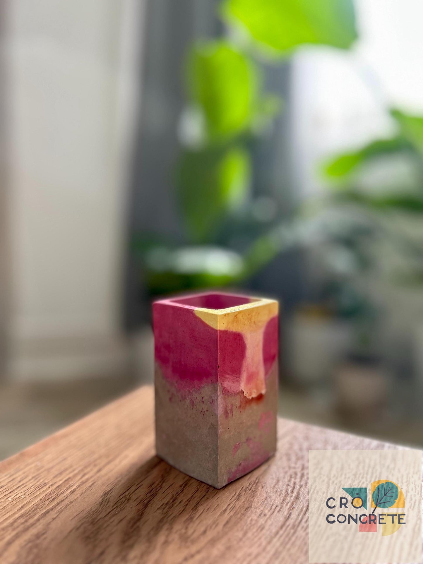 Handmade Concrete Planter / Pen Holder with Pink and Yellow Design - Unique Desk Accessory Pot – Unique Gift Idea