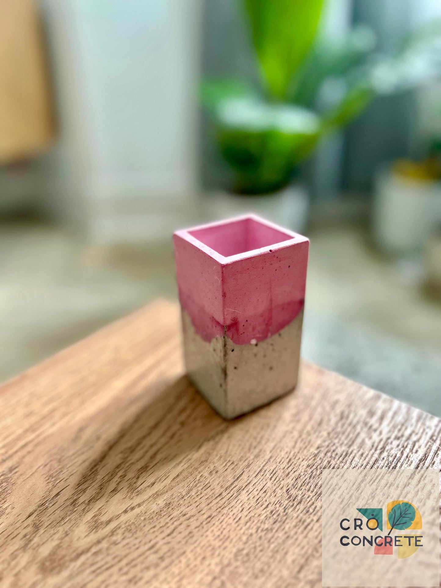 Handmade Concrete Planter / Pen Holder with Pink Design - Unique Desk Accessory Pot – Unique Gift Idea