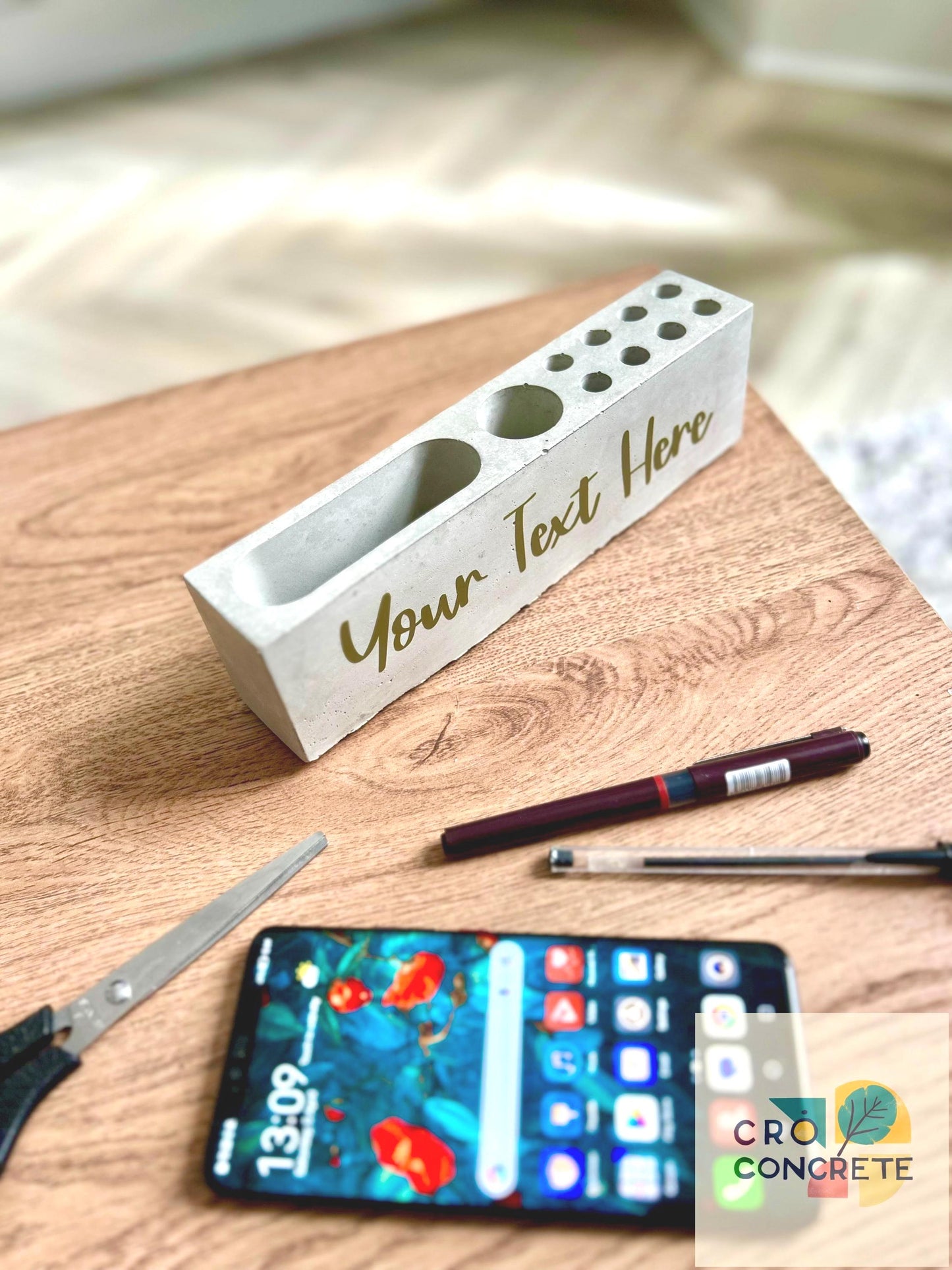 Personalised Concrete Stationary Holder Organiser Tray – Custom Name Vinyl Lettering – Minimalist Handmade Decor – Unique Gift for Him/Her