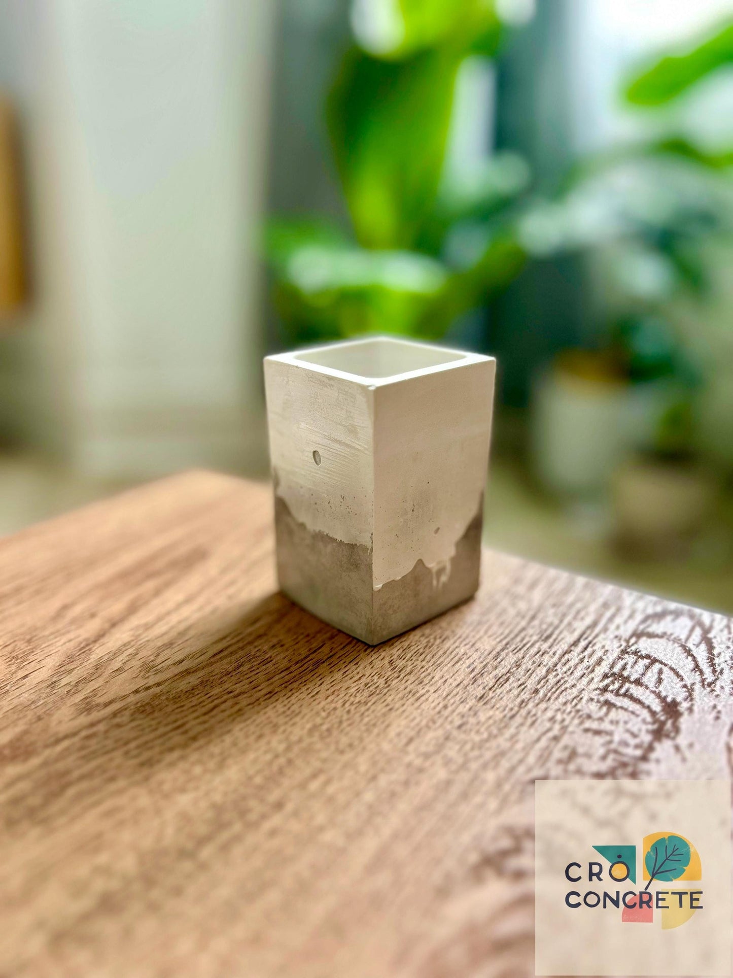 Handmade Concrete Planter / Pen Holder with Grey White Design - Unique Desk Accessory Pot – Unique Gift Idea