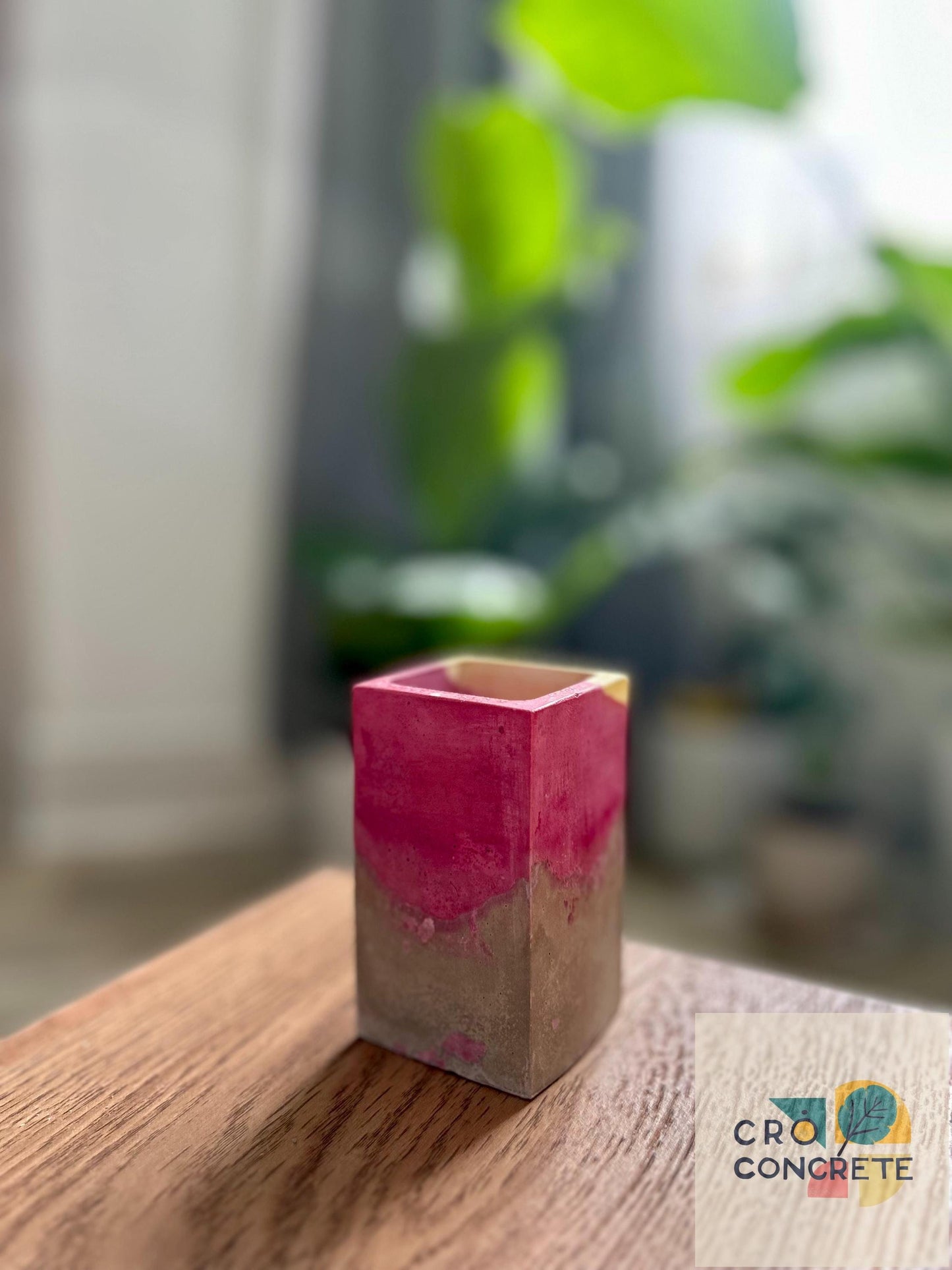 Handmade Concrete Planter / Pen Holder with Pink and Yellow Design - Unique Desk Accessory Pot – Unique Gift Idea