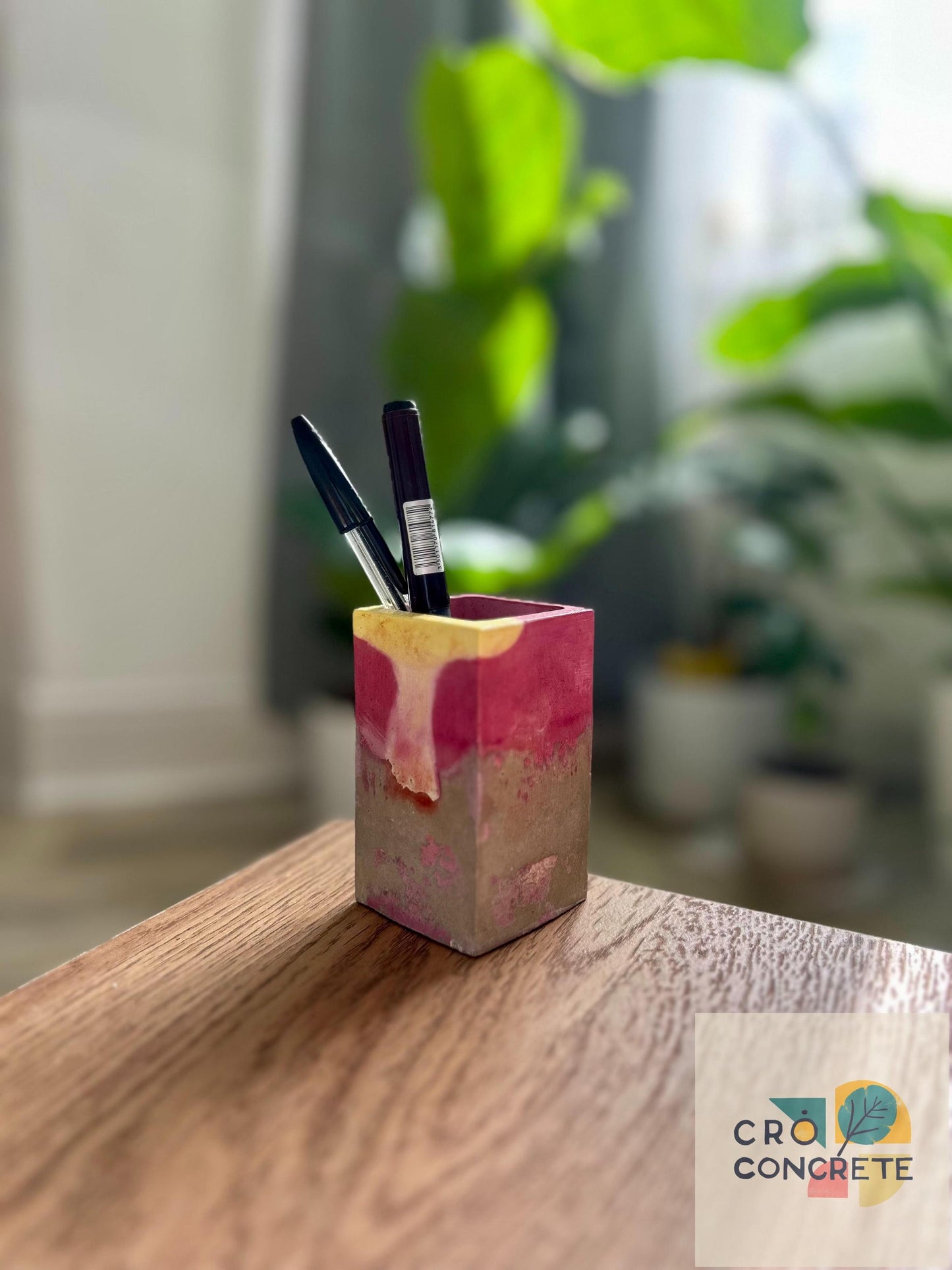 Handmade Concrete Planter / Pen Holder with Pink and Yellow Design - Unique Desk Accessory Pot – Unique Gift Idea