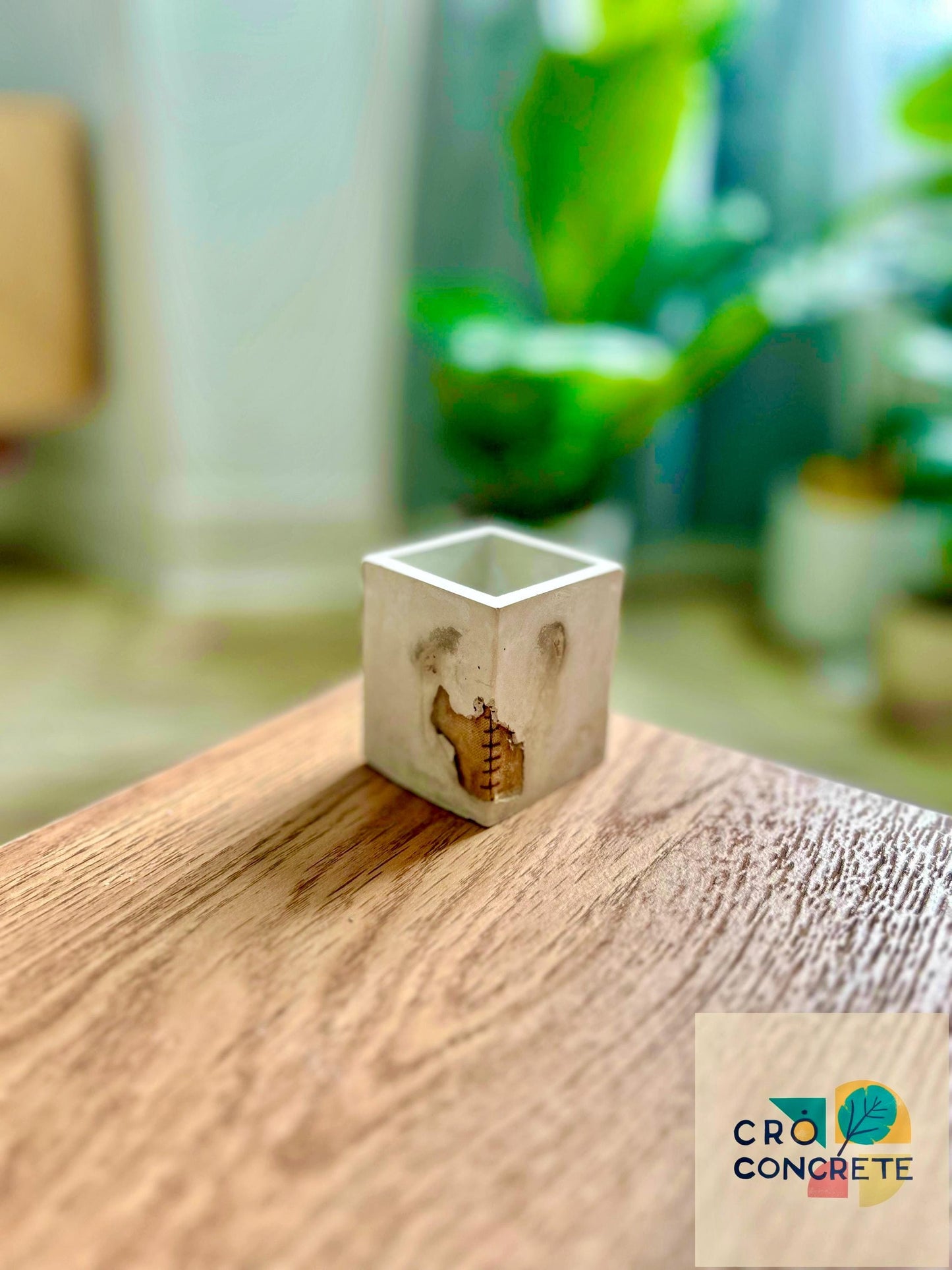 Handmade Concrete Planter / Pen Holder with Grey Brown Design - Unique Desk Accessory Pot – Unique Gift Idea