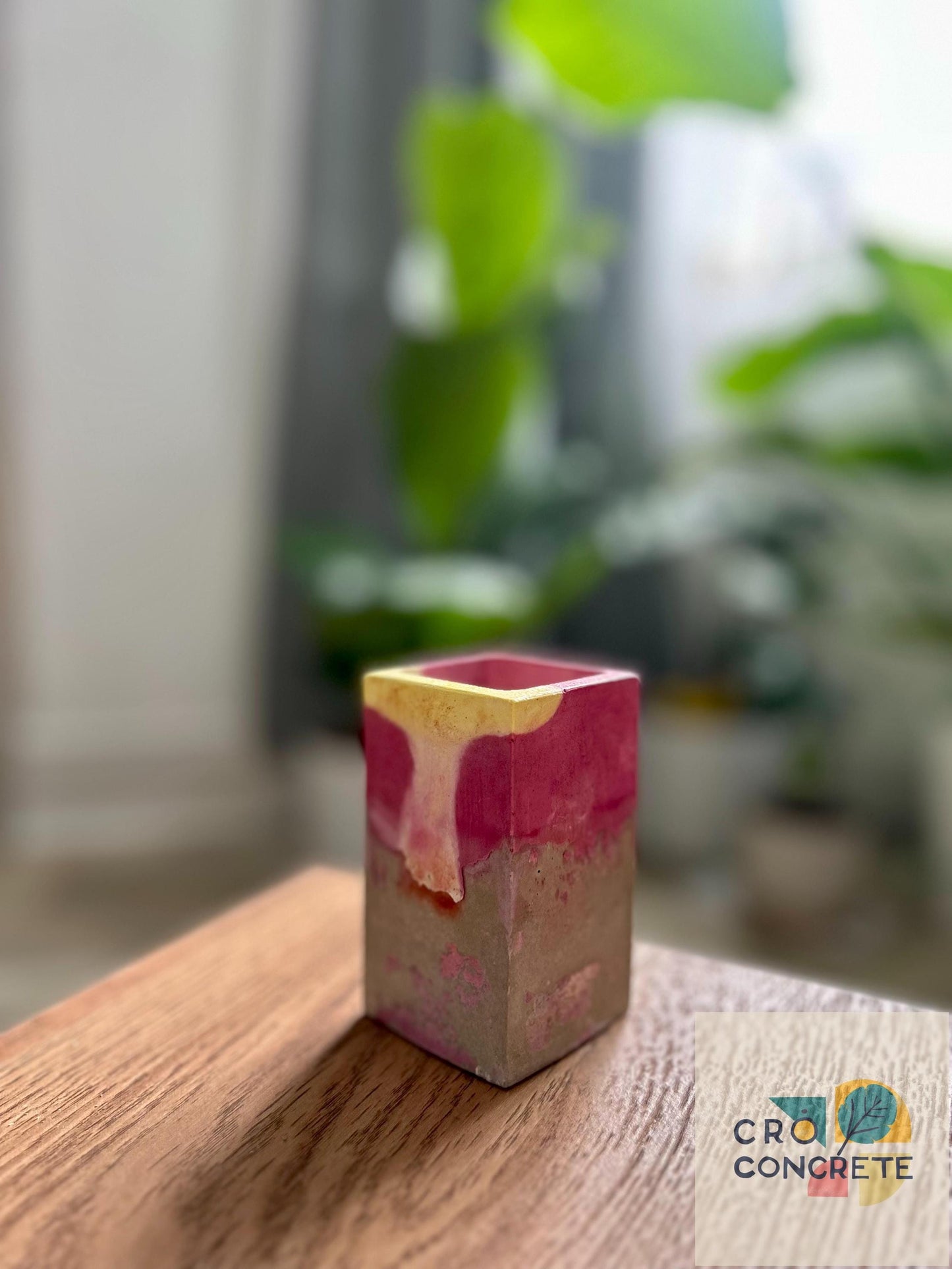 Handmade Concrete Planter / Pen Holder with Pink and Yellow Design - Unique Desk Accessory Pot – Unique Gift Idea