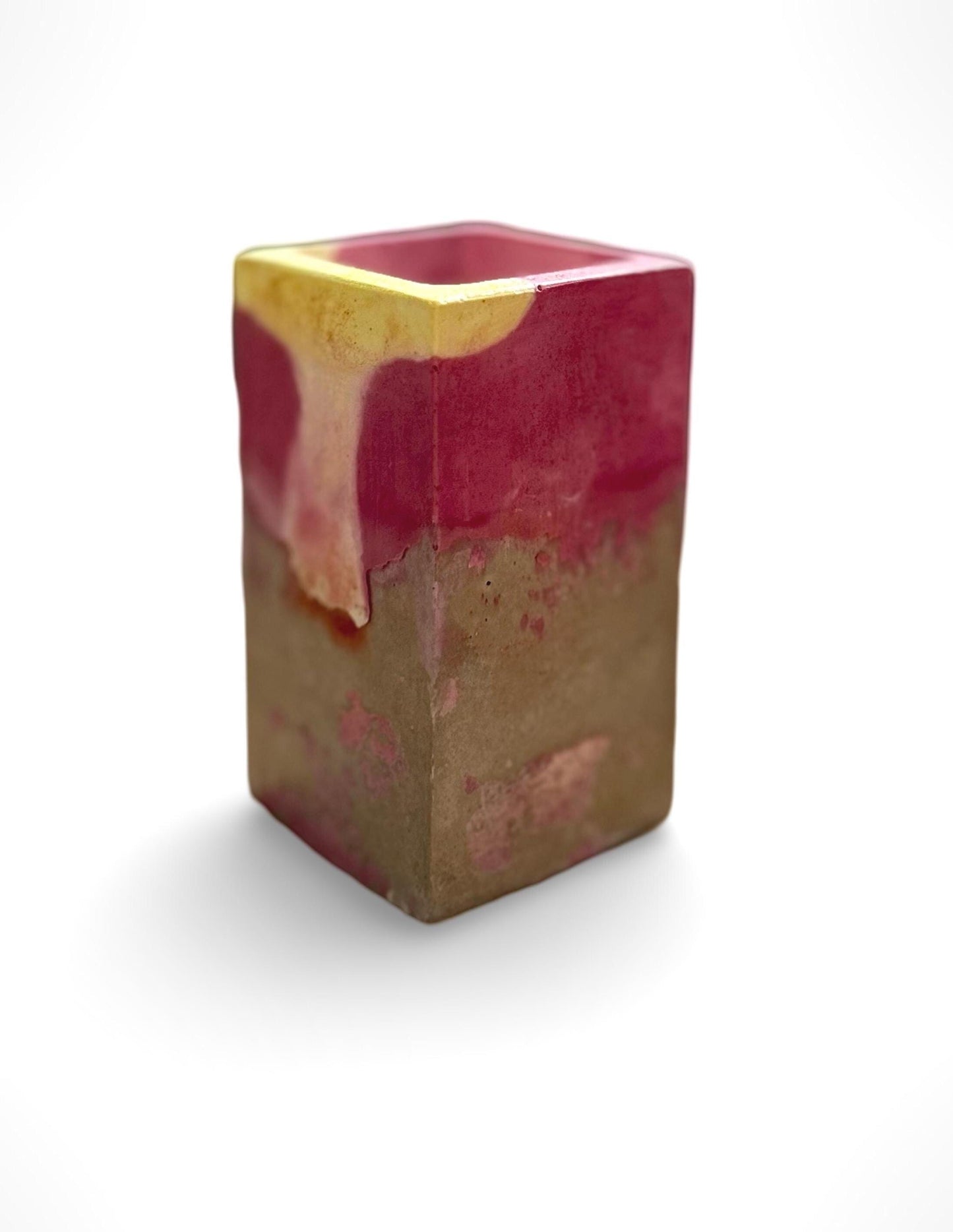Handmade Concrete Planter / Pen Holder with Pink and Yellow Design - Unique Desk Accessory Pot – Unique Gift Idea