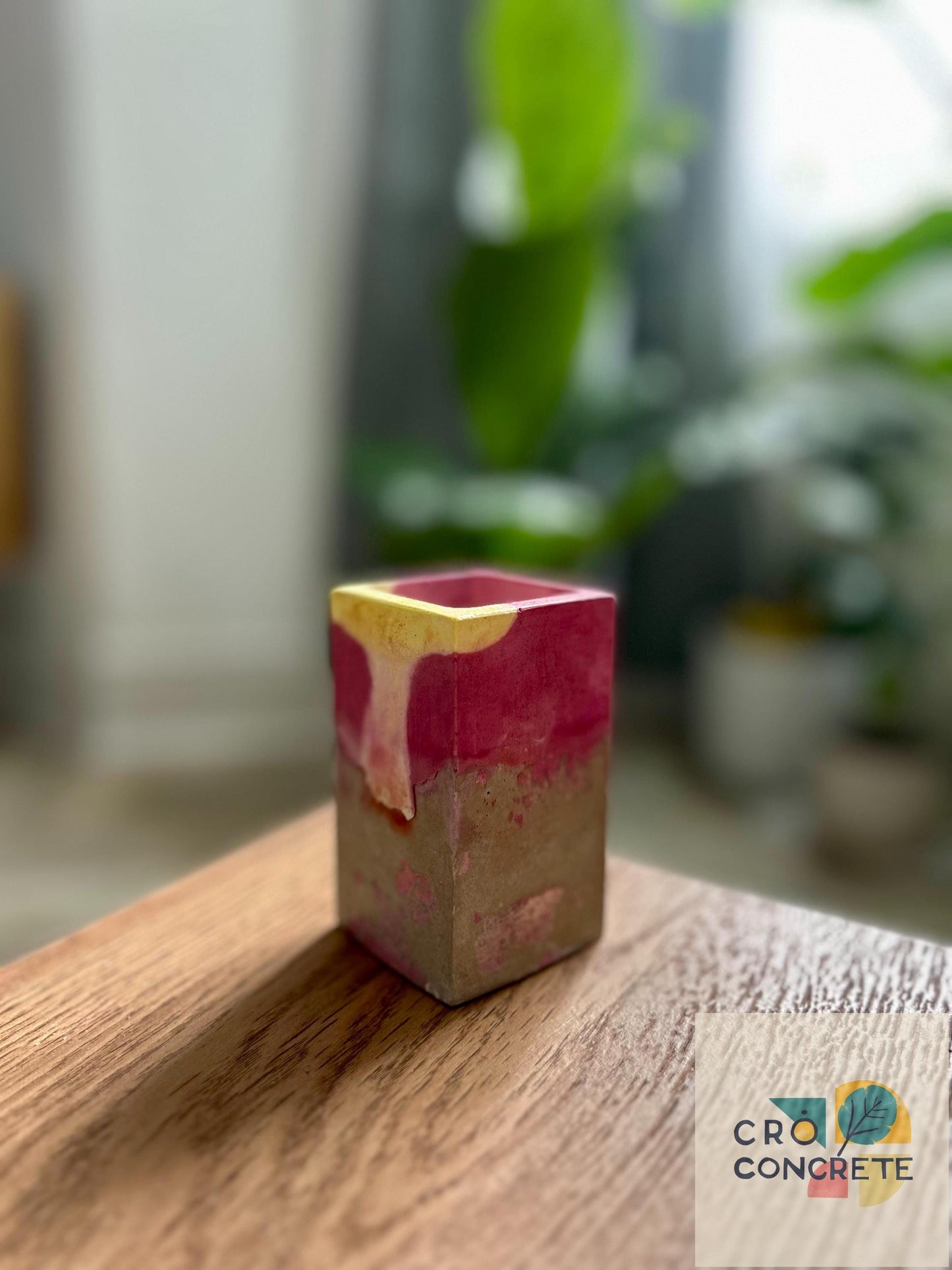 Handmade Concrete Planter / Pen Holder with Pink and Yellow Design - Unique Desk Accessory Pot – Unique Gift Idea