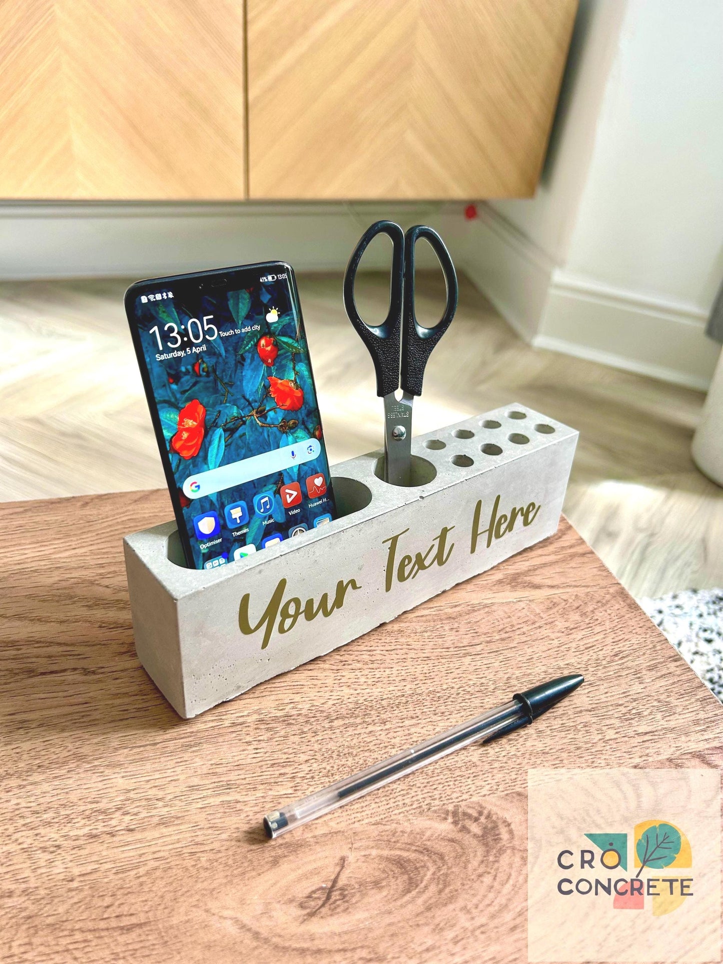 Personalised Concrete Stationary Holder Organiser Tray – Custom Name Vinyl Lettering – Minimalist Handmade Decor – Unique Gift for Him/Her