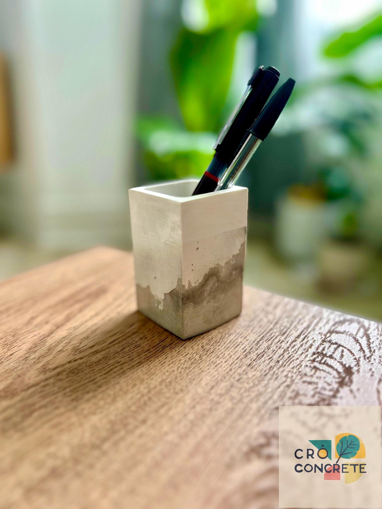 Handmade Concrete Planter / Pen Holder with Grey White Design - Unique Desk Accessory Pot – Unique Gift Idea