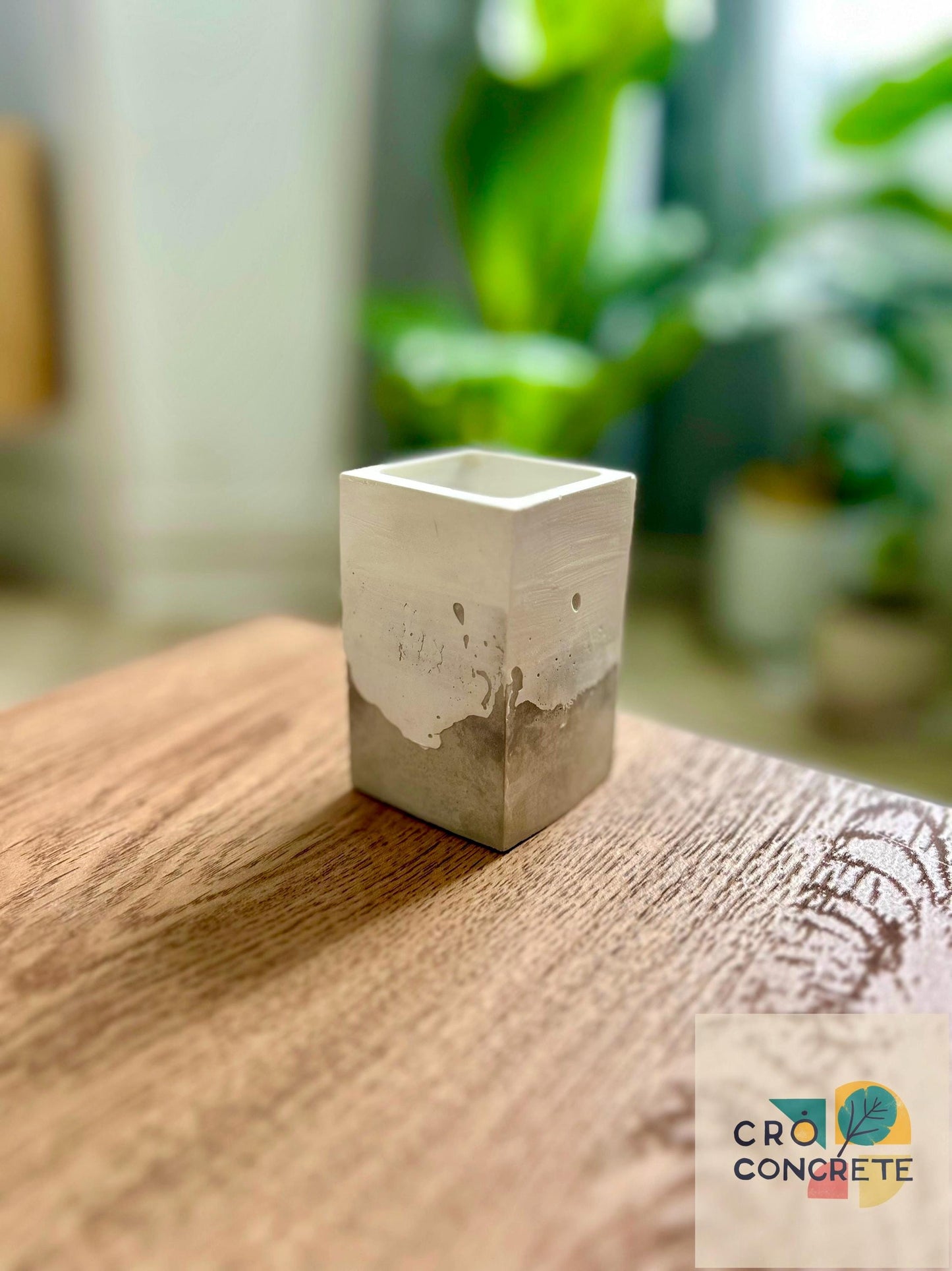 Handmade Concrete Planter / Pen Holder with Grey White Design - Unique Desk Accessory Pot – Unique Gift Idea