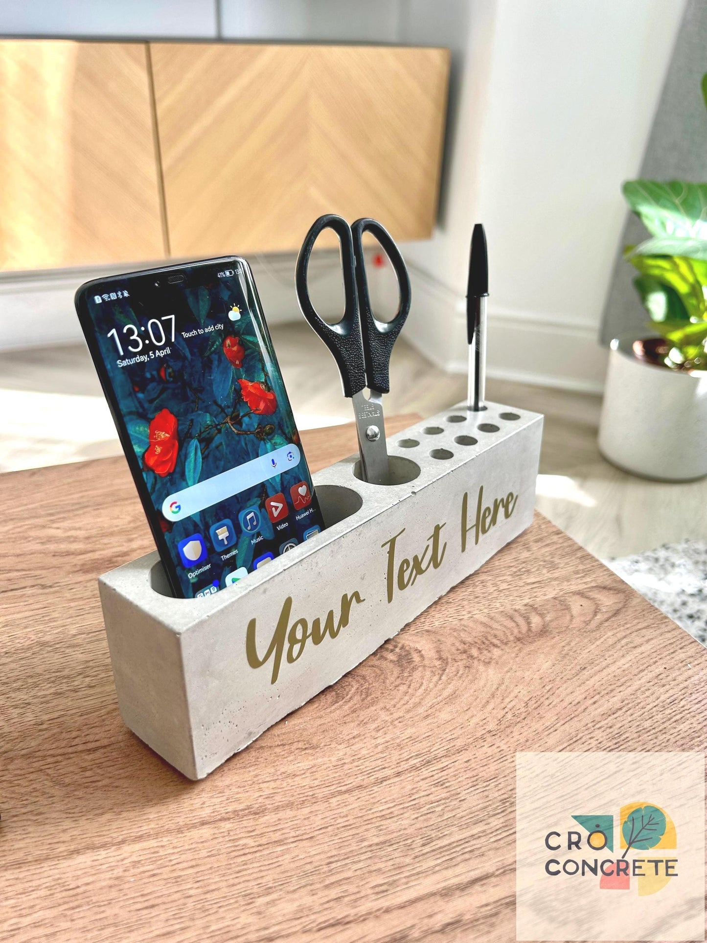 Personalised Concrete Stationary Holder Organiser Tray – Custom Name Vinyl Lettering – Minimalist Handmade Decor – Unique Gift for Him/Her