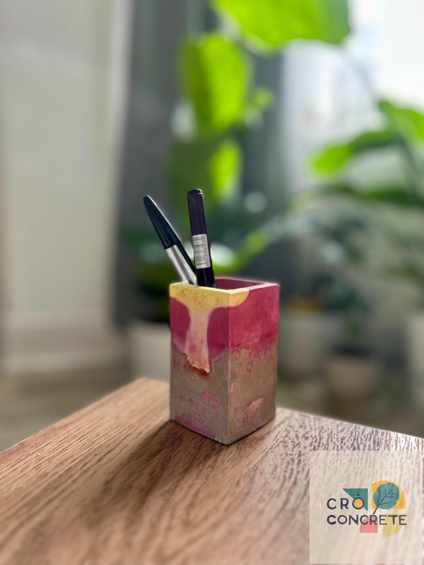 Handmade Concrete Planter / Pen Holder with Pink and Yellow Design - Unique Desk Accessory Pot – Unique Gift Idea