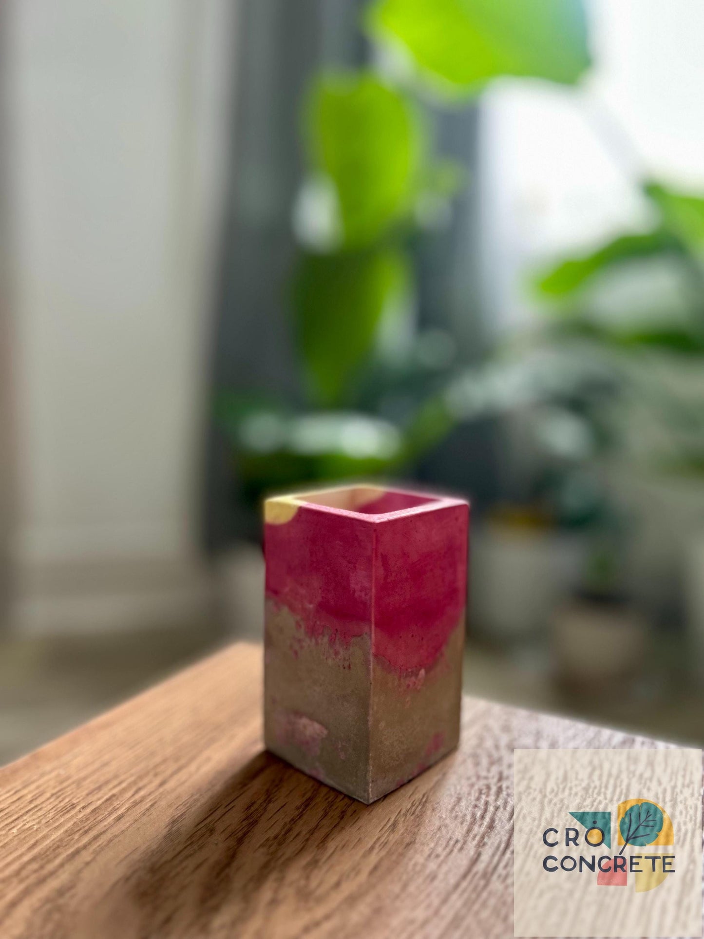 Handmade Concrete Planter / Pen Holder with Pink and Yellow Design - Unique Desk Accessory Pot – Unique Gift Idea
