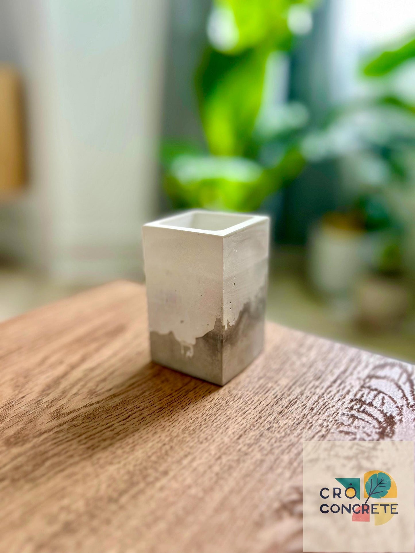 Handmade Concrete Planter / Pen Holder with Grey White Design - Unique Desk Accessory Pot – Unique Gift Idea