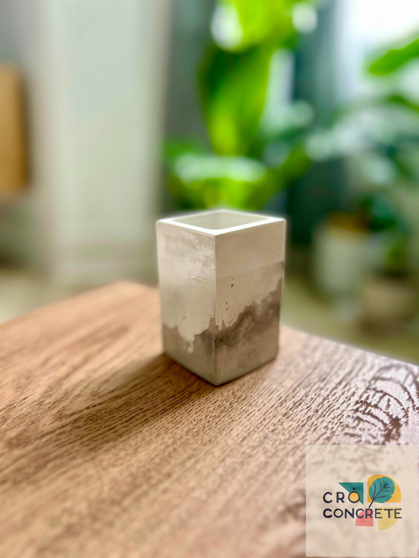 Handmade Concrete Planter / Pen Holder with Grey White Design - Unique Desk Accessory Pot – Unique Gift Idea