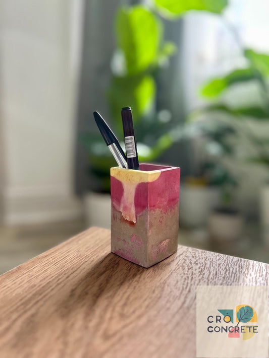 Handmade Concrete Planter / Pen Holder with Pink and Yellow Design - Unique Desk Accessory Pot  – Unique Gift Idea