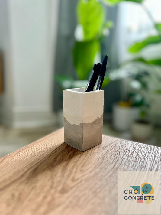 Handmade Concrete Planter / Pen Holder with Grey White Design - Unique Desk Accessory Pot  – Unique Gift Idea