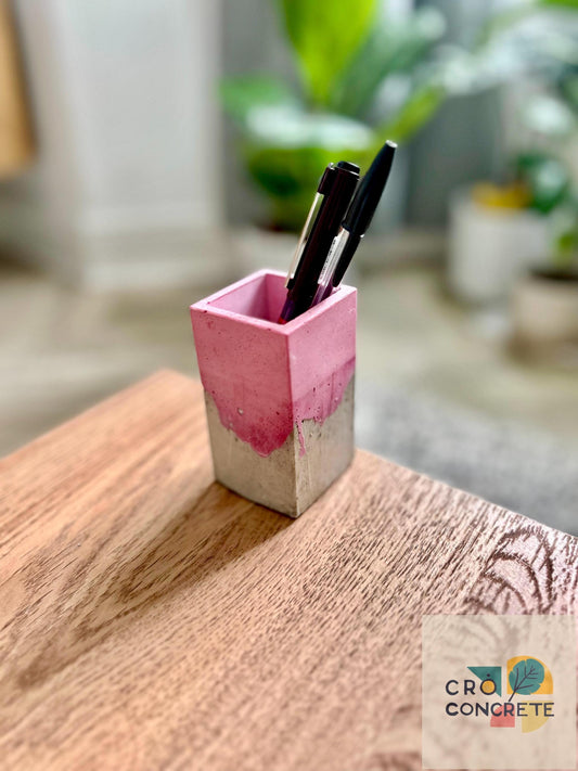 Handmade Concrete Planter / Pen Holder with Pink Design - Unique Desk Accessory Pot  – Unique Gift Idea