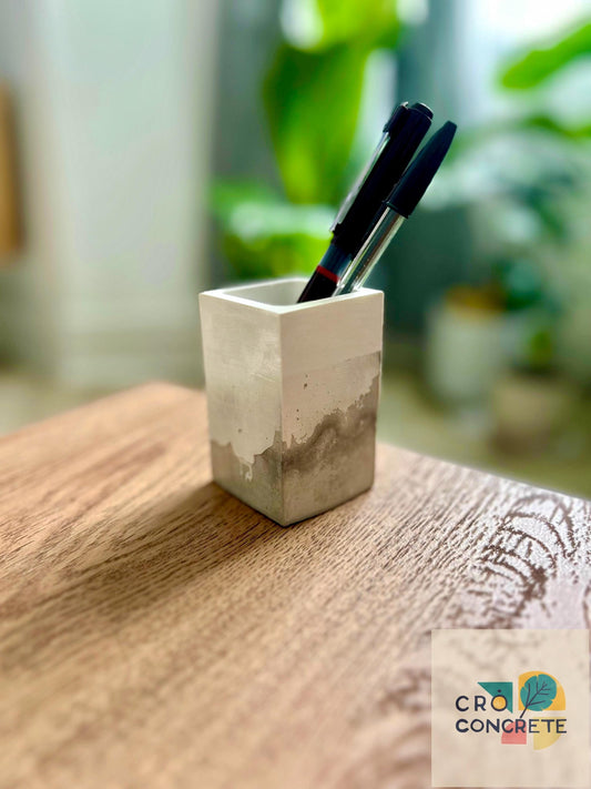 Handmade Concrete Planter / Pen Holder with Grey White Design - Unique Desk Accessory Pot  – Unique Gift Idea