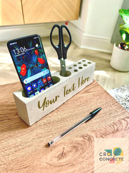 Personalised Concrete Stationary Holder Organiser Tray – Custom Name Vinyl Lettering – Minimalist Handmade Decor – Unique Gift for Him/Her