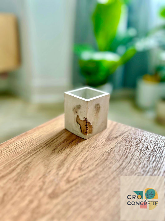 Handmade Concrete Planter / Pen Holder with Grey Brown Design - Unique Desk Accessory Pot  – Unique Gift Idea
