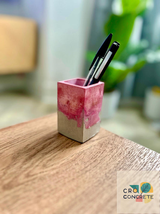 Handmade Concrete Planter / Pen Holder with Pink Design - Unique Desk Accessory Pot  – Unique Gift Idea